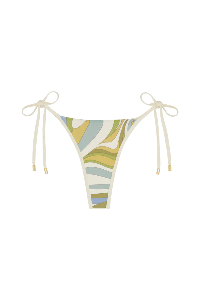 Front view of Palma Thong in Costa Rei Apple/Ivory, multicolor abstract print and ivory tie sides with gold tips
