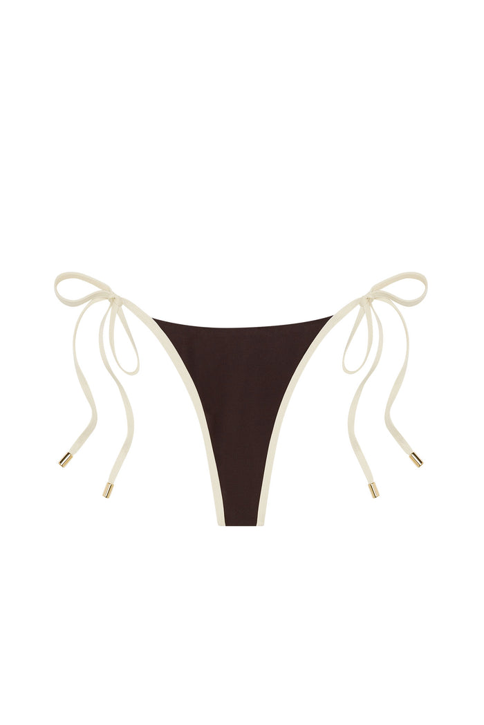 Brown triangle bikini bottom with cream tie-side straps and gold metal end caps