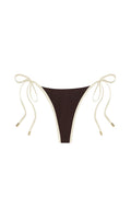 Brown triangle bikini bottom with cream tie-side straps and gold metal end caps