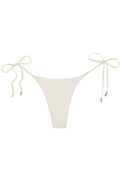 Ivory tie-side bikini bottom with narrow front and gold-tipped side ties.