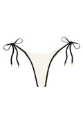 White bikini bottom with black trim and side tie straps with gold aglets