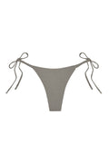 Front of Palma Thong showing steel lurex rib fabric, side tie bows and metal aglets on white background