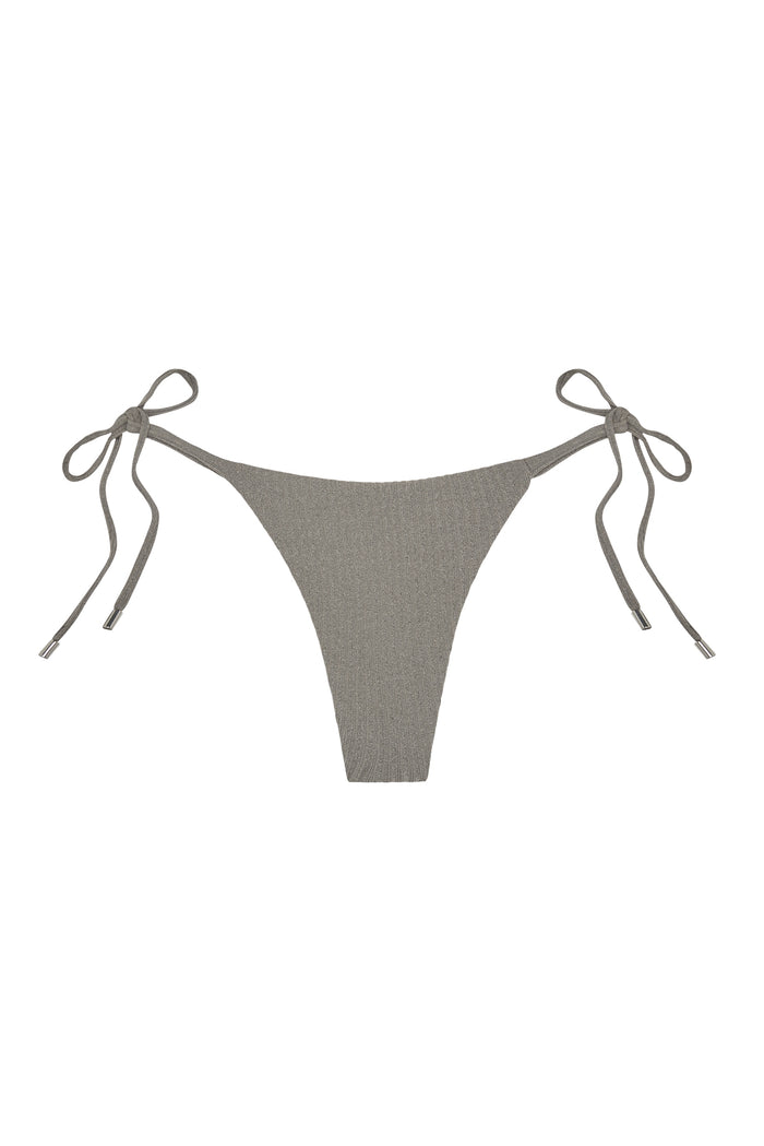 Front of Palma Thong showing steel lurex rib fabric, side tie bows and metal aglets on white background