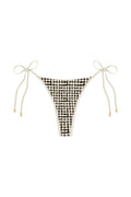 Front view of Palma Thong bikini bottom in black gingham with tie-side ties, high-cut thong on white background