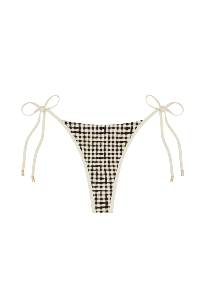 Front view of Palma Thong bikini bottom in black gingham with tie-side ties, high-cut thong on white background