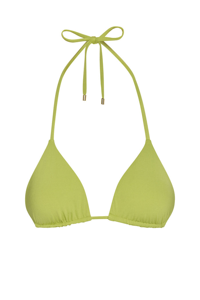 Front view of Palma Top triangle bikini in Apple green with adjustable neck and back ties and removable padding on white