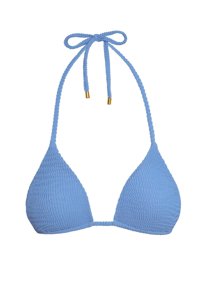 Front view of Palma Top in Azure Crinkle showing textured triangle cups and braided halter ties with gold-tipped ends on white background