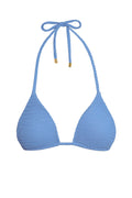 Front view of Palma Top in Azure Crinkle showing textured triangle cups and braided halter ties with gold-tipped ends on white background