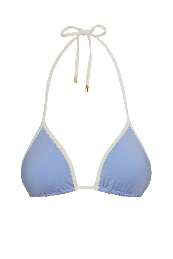 Light-blue triangle bikini top with white trim and halter ties finished with small gold tips