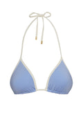 Light-blue triangle bikini top with white trim and halter ties finished with small gold tips