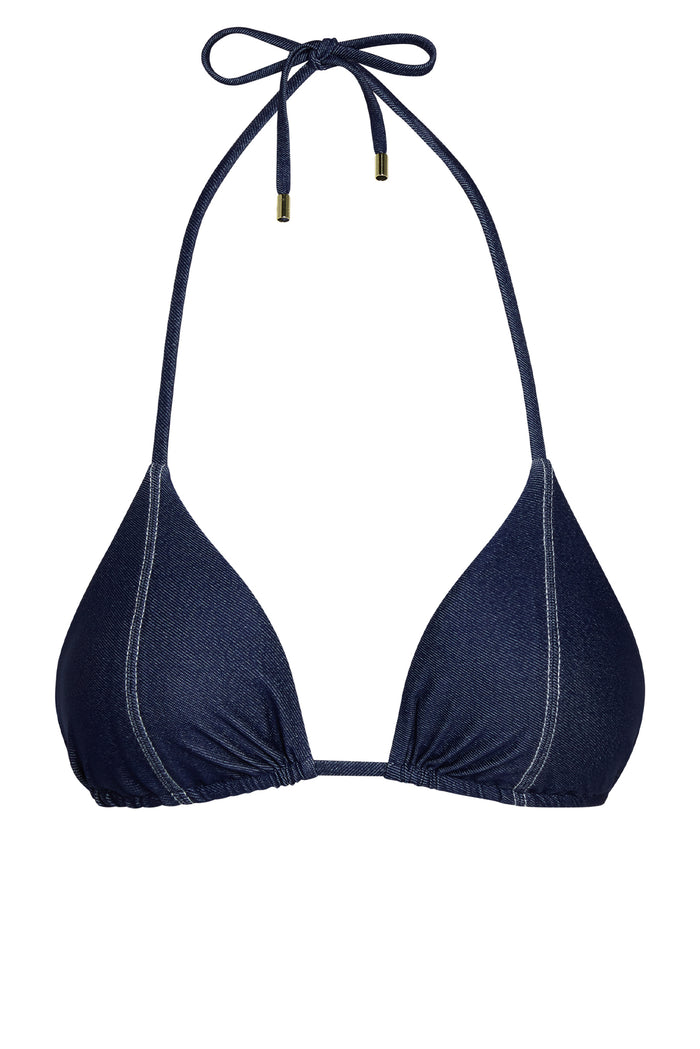 Front view of Palma Top in blue denim with adjustable halter ties, gold hardware, and ruched triangle cups