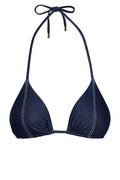 Front view of Palma Top in blue denim with adjustable halter ties, gold hardware, and ruched triangle cups