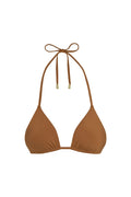 Front view of Palma Top bikini in caramel with triangle cups and adjustable halter ties with gold tips on white background