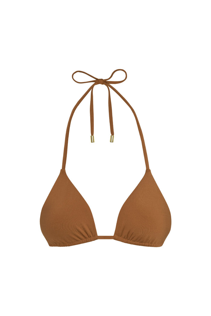 Front view of Palma Top bikini in caramel with triangle cups and adjustable halter ties with gold tips on white background