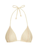 Front of Palma triangle halter top in champagne with ruched underband, center seam and gold-tipped ties on white