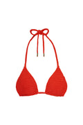 Front view of Palma triangle bikini top in chili pepper showing textured knit and adjustable halter ties on white background