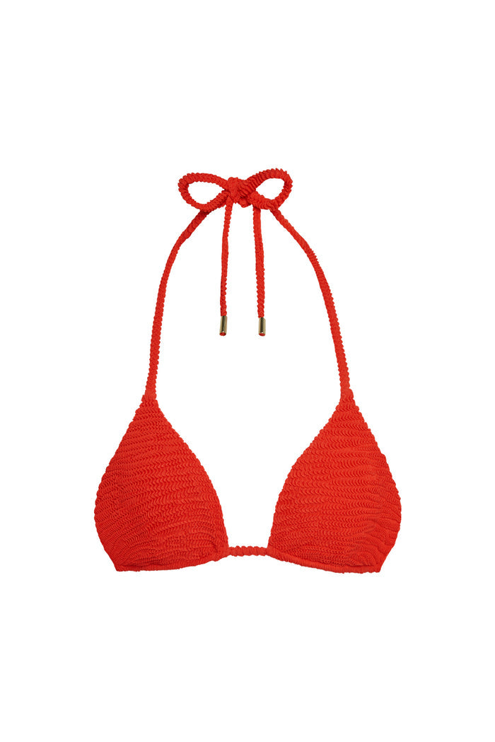 Front view of Palma triangle bikini top in chili pepper showing textured knit and adjustable halter ties on white background
