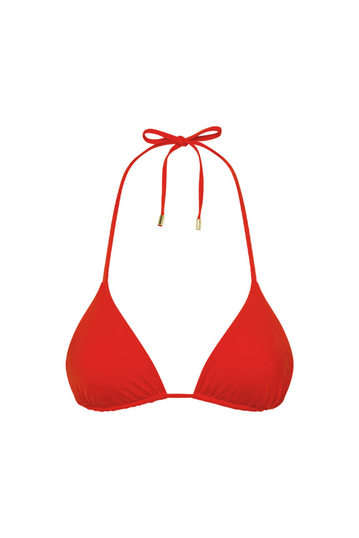 Front view of Palma Top in Chili Pepper showing triangle cups, halter tie with gold caps and underbust tie against white