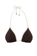 Front view of Palma Top in Espresso/Ivory showcasing triangle cups, ivory contrast trim and halter tie with gold-tone tips on white background