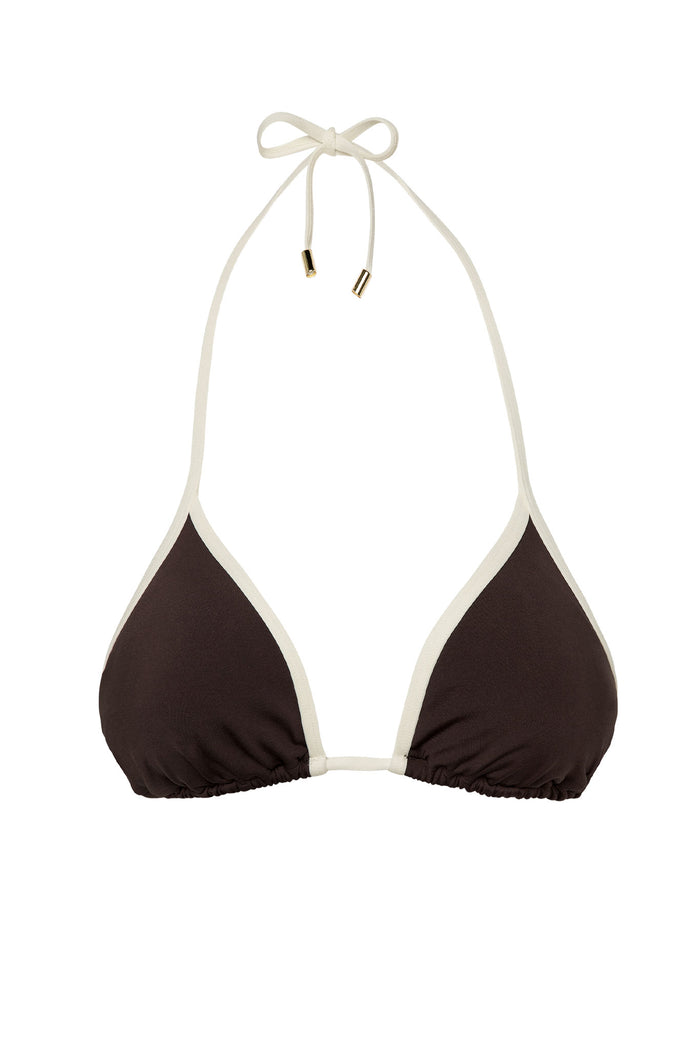Front view of Palma Top in Espresso/Ivory showcasing triangle cups, ivory contrast trim and halter tie with gold-tone tips on white background
