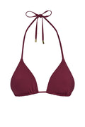 Front view of Palma Top triangle bikini top in Fig showing adjustable neck and back ties with gold hardware on white background