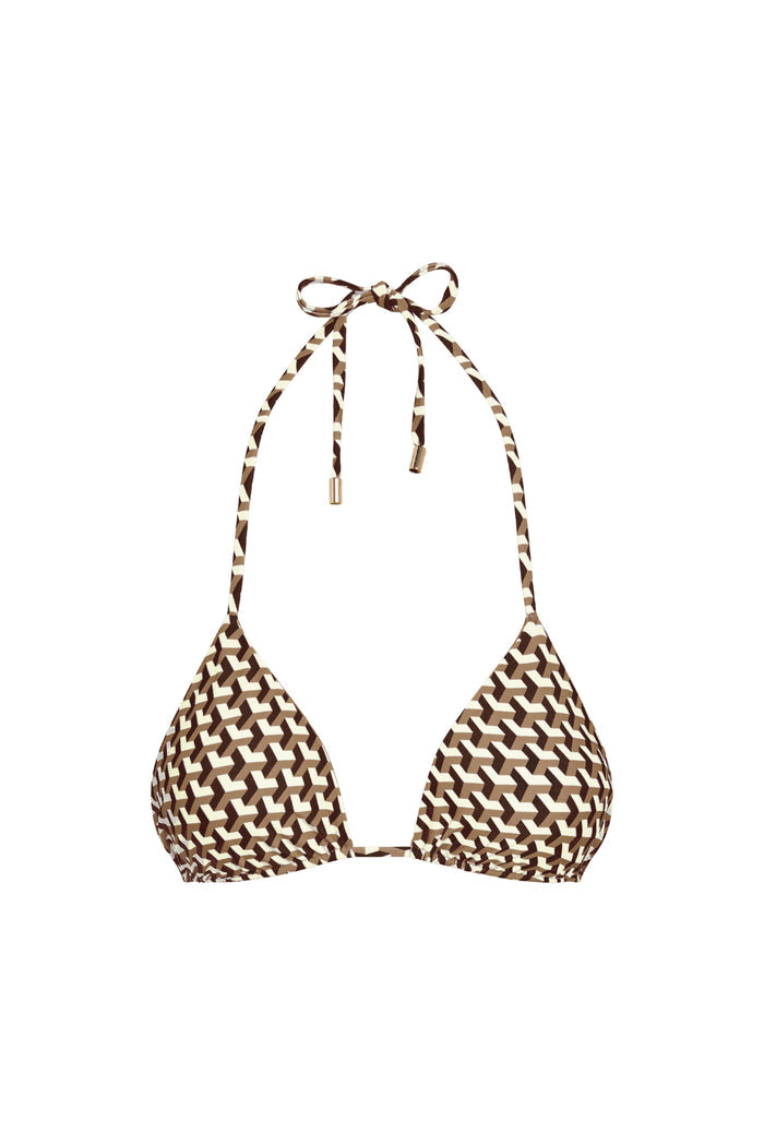 Front view of Palma Top (Husk Geo) showcasing triangle halter shape with tied neck strings and gold-tone cord ends on white background