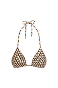 Front view of Palma Top (Husk Geo) showcasing triangle halter shape with tied neck strings and gold-tone cord ends on white background