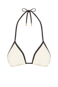 White triangle halter bikini top with black trim and gold-tipped ties