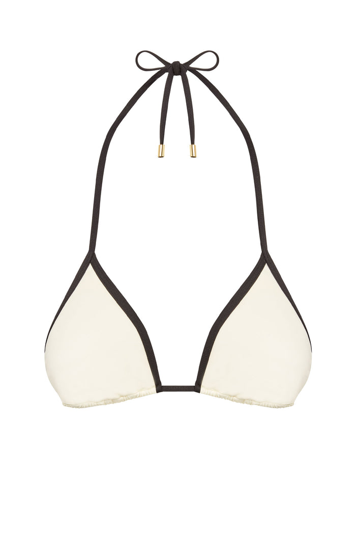 White triangle halter bikini top with black trim and gold-tipped ties