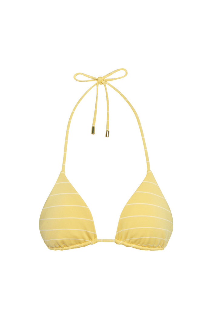 Front of Palma triangle bikini top in Meyer Stripe showing removable padding and adjustable halter tie with gold tips on white