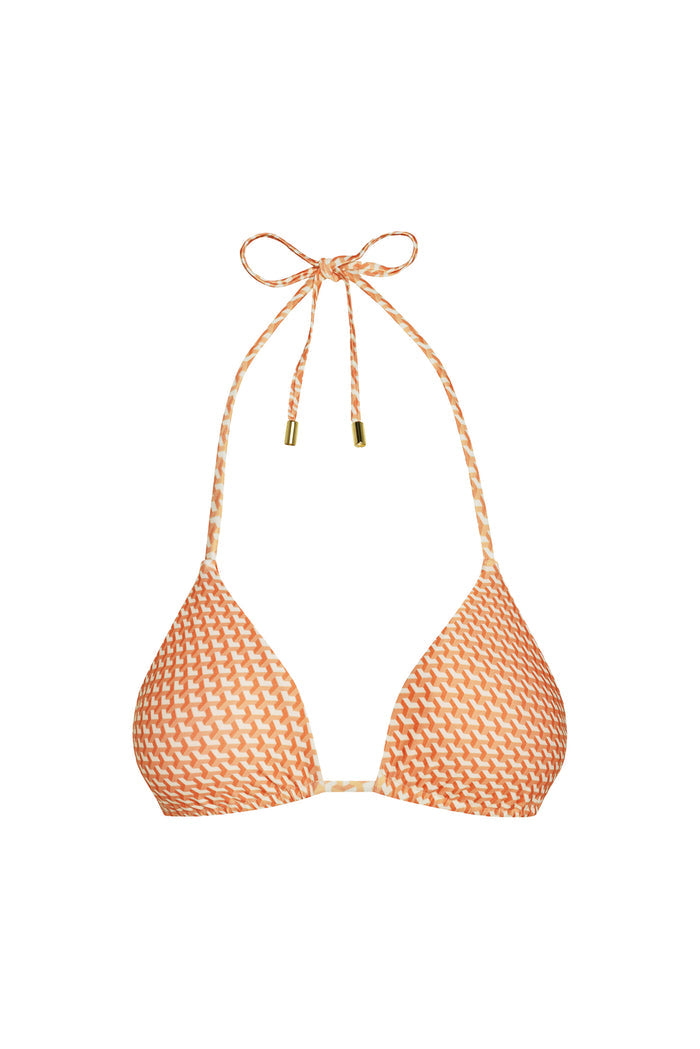 Front view of Palma Top triangle bikini showcasing peach micro-geo print and halter tie with gold tips on white background