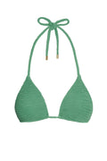 Front view of Palma Top in Pond Crinkle showing crinkle textured green triangle cups and halter tie with gold metal tips on white background