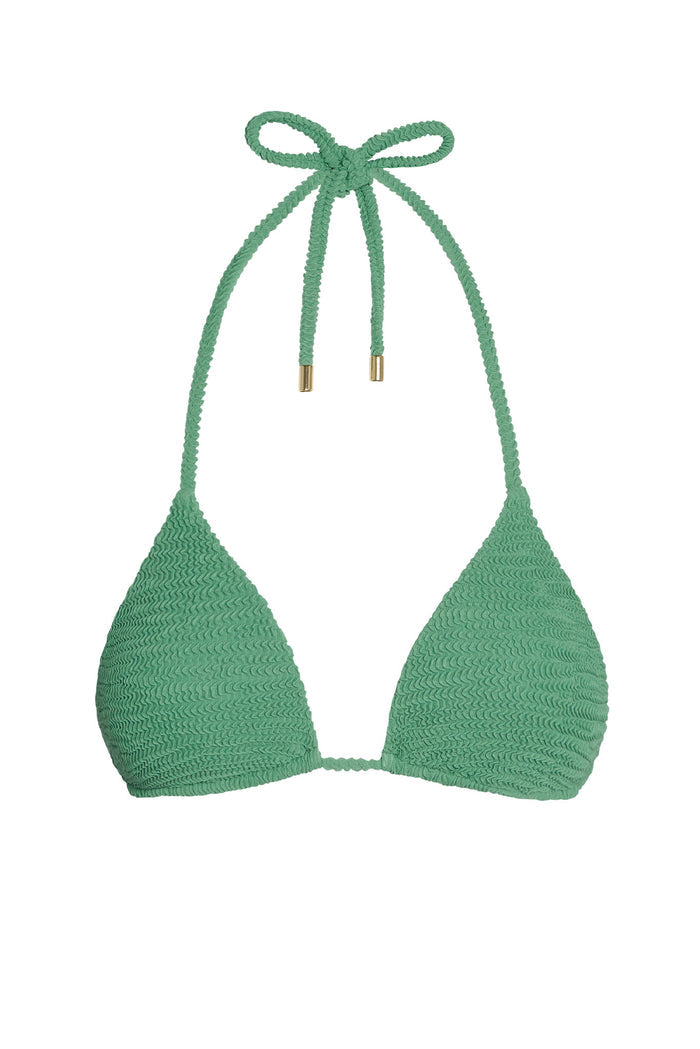 Front view of Palma Top in Pond Crinkle showing crinkle textured green triangle cups and halter tie with gold metal tips on white background