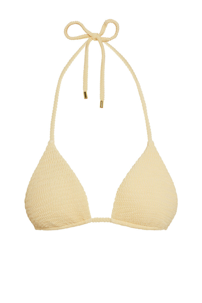 Front view of Palma triangle bikini top showcasing raffia-crinkle textured fabric with halter ties on white background