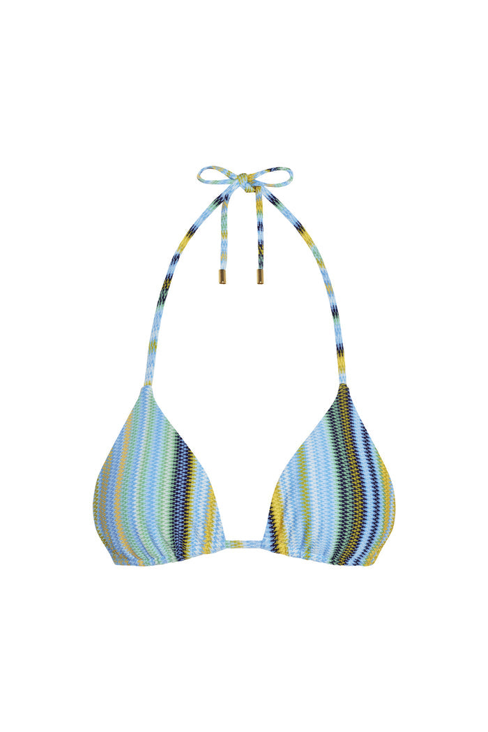 Front of Palma Top in Sardinia Stripe Azure, triangle bikini with adjustable halter ties and gold hardware