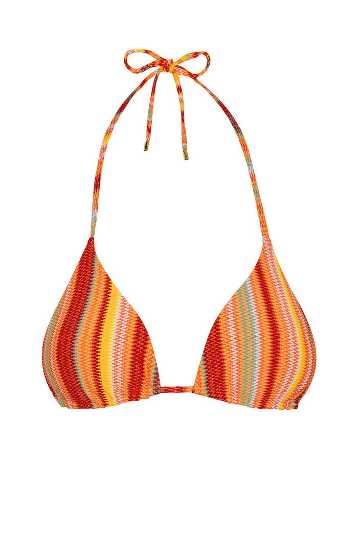 Front view of Palma Top triangle bikini top in Sardinia Stripe showing halter tie and textured stripe fabric on white background