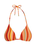 Front view of Palma Top triangle bikini top in Sardinia Stripe showing halter tie and textured stripe fabric on white background