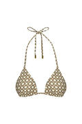 Front view of Palma Top in Tile Geo print showing triangle bikini cups and halter neck tie with gold caps on white background