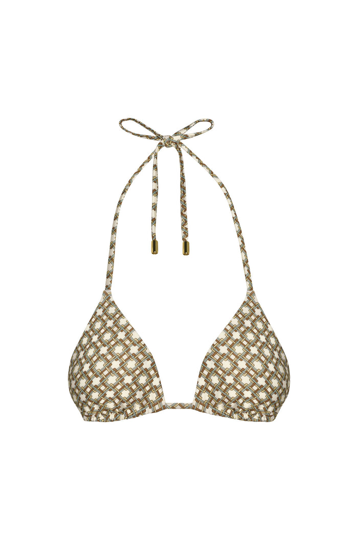 Front view of Palma Top in Tile Geo print showing triangle bikini cups and halter neck tie with gold caps on white background