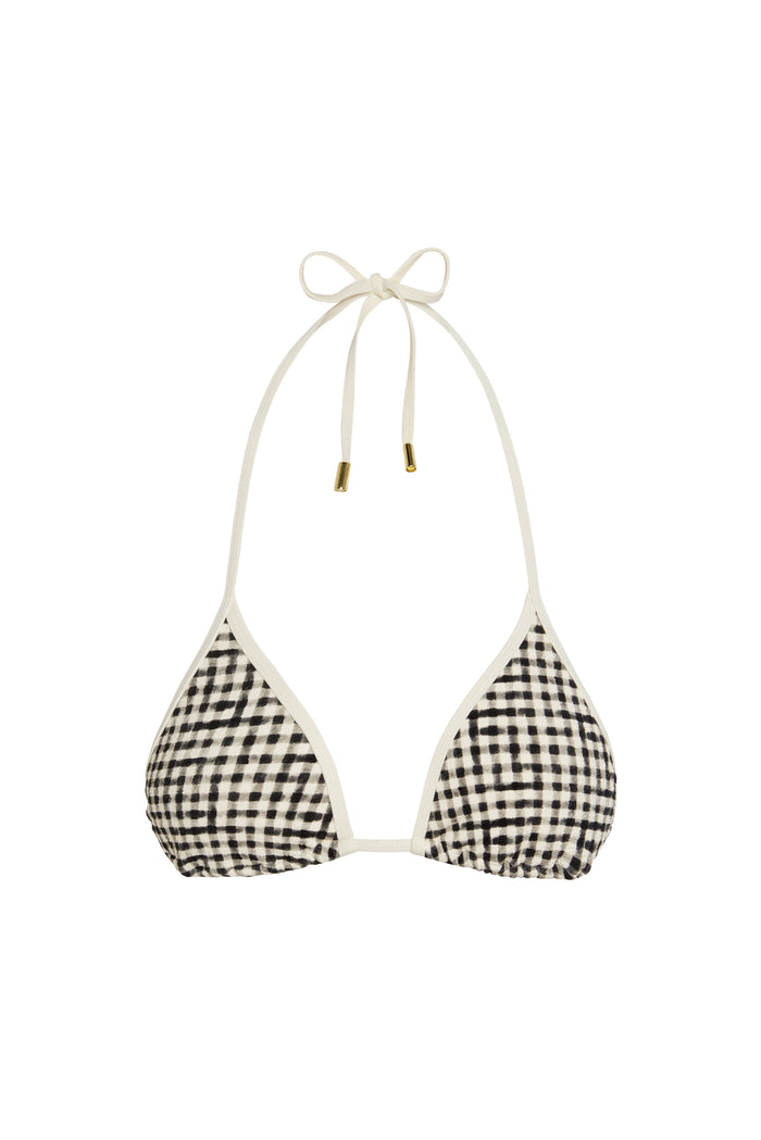 Front view of Palma Top Colorblock black gingham triangle top with removable padding and adjustable neck tie with gold hardware on white