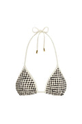 Front view of Palma Top Colorblock black gingham triangle top with removable padding and adjustable neck tie with gold hardware on white