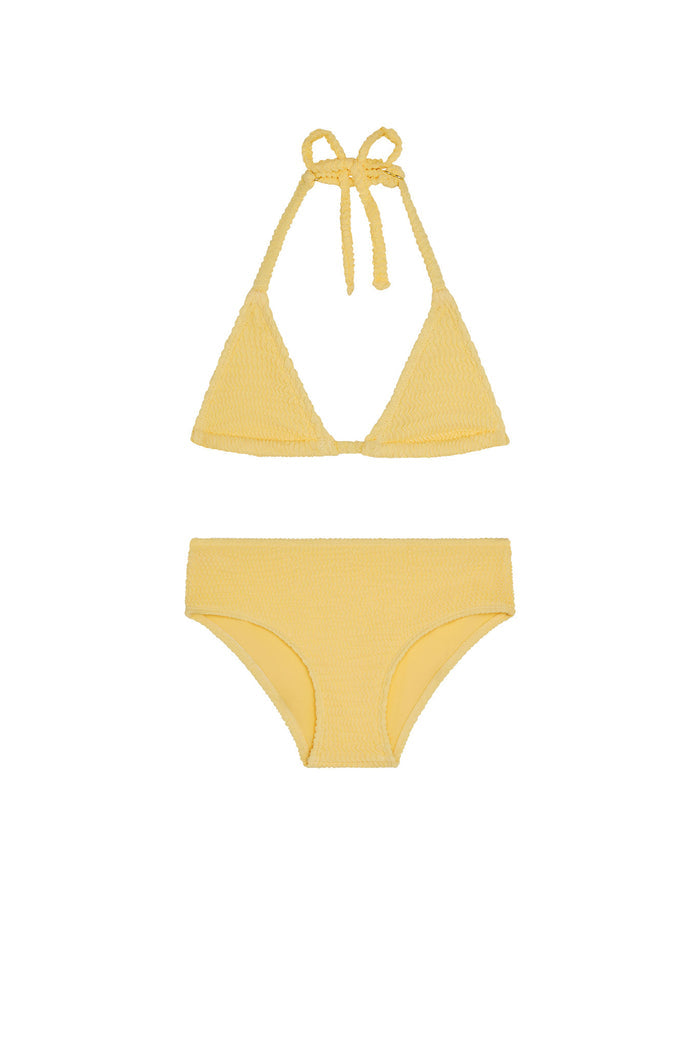 Front view of Palma Top and Seychelles Bottom kids bikini showcasing honey crinkle texture on white background