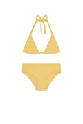 Front view of Palma Top and Seychelles Bottom kids bikini showcasing honey crinkle texture on white background