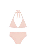 Front flat lay of kids Palma top and Seychelles bottom bikini in powder pink crinkle, triangle halter top with adjustable ties and full-coverage bottoms on white background