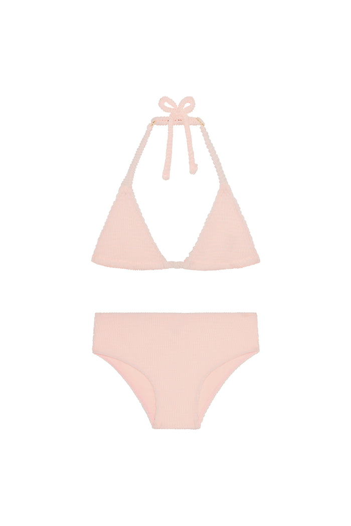 Front flat lay of kids Palma top and Seychelles bottom bikini in powder pink crinkle, triangle halter top with adjustable ties and full-coverage bottoms on white background