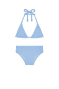 Flat lay of kids Palma halter top and Seychelles bottoms in sky crinkle, textured light blue on white background