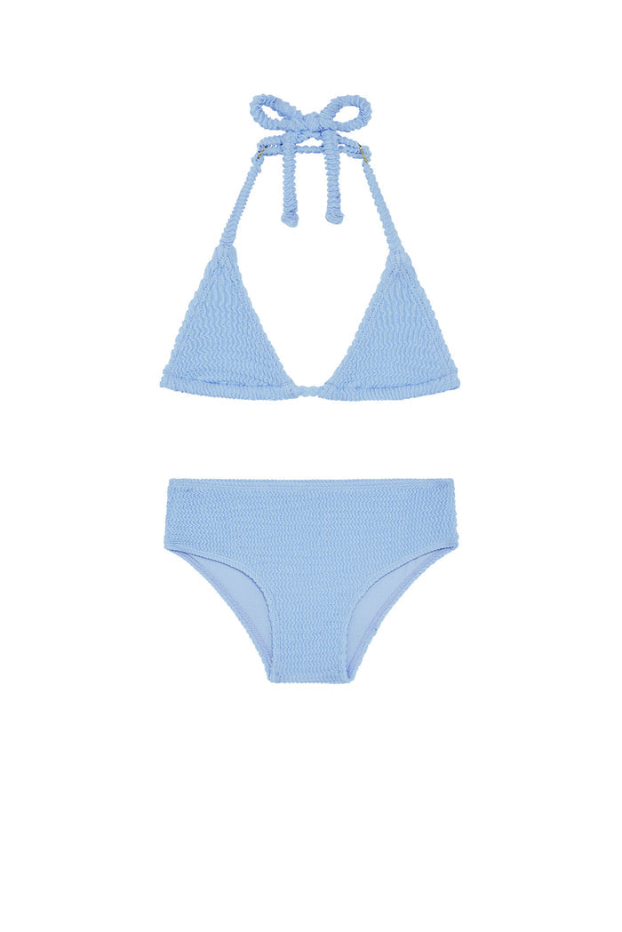 Flat lay of kids Palma halter top and Seychelles bottoms in sky crinkle, textured light blue on white background