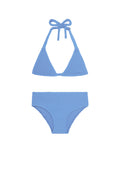 Flat lay of Palma Top & Seychelles Bottom Set in Azure Crinkle showing textured halter top and high-rise briefs on white