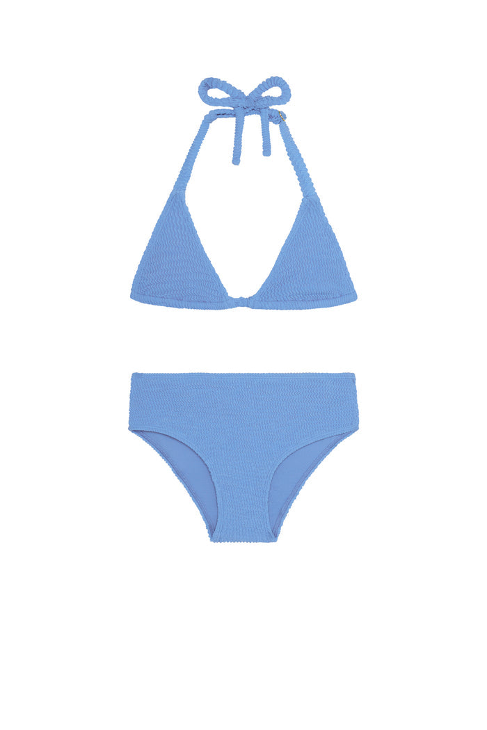 Flat lay of Palma Top & Seychelles Bottom Set in Azure Crinkle showing textured halter top and high-rise briefs on white