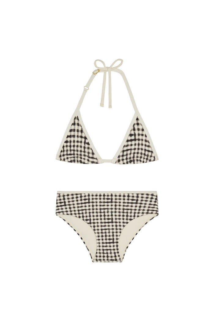 Front view of Palma top and Seychelles bottom set in black gingham showcasing triangle halter top with adjustable ties and high-rise bottoms on white background